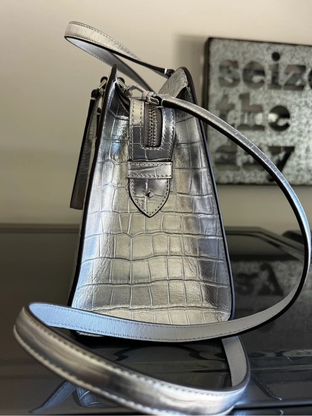 Kate Spade Silver Croc-Embossed Structured Tote